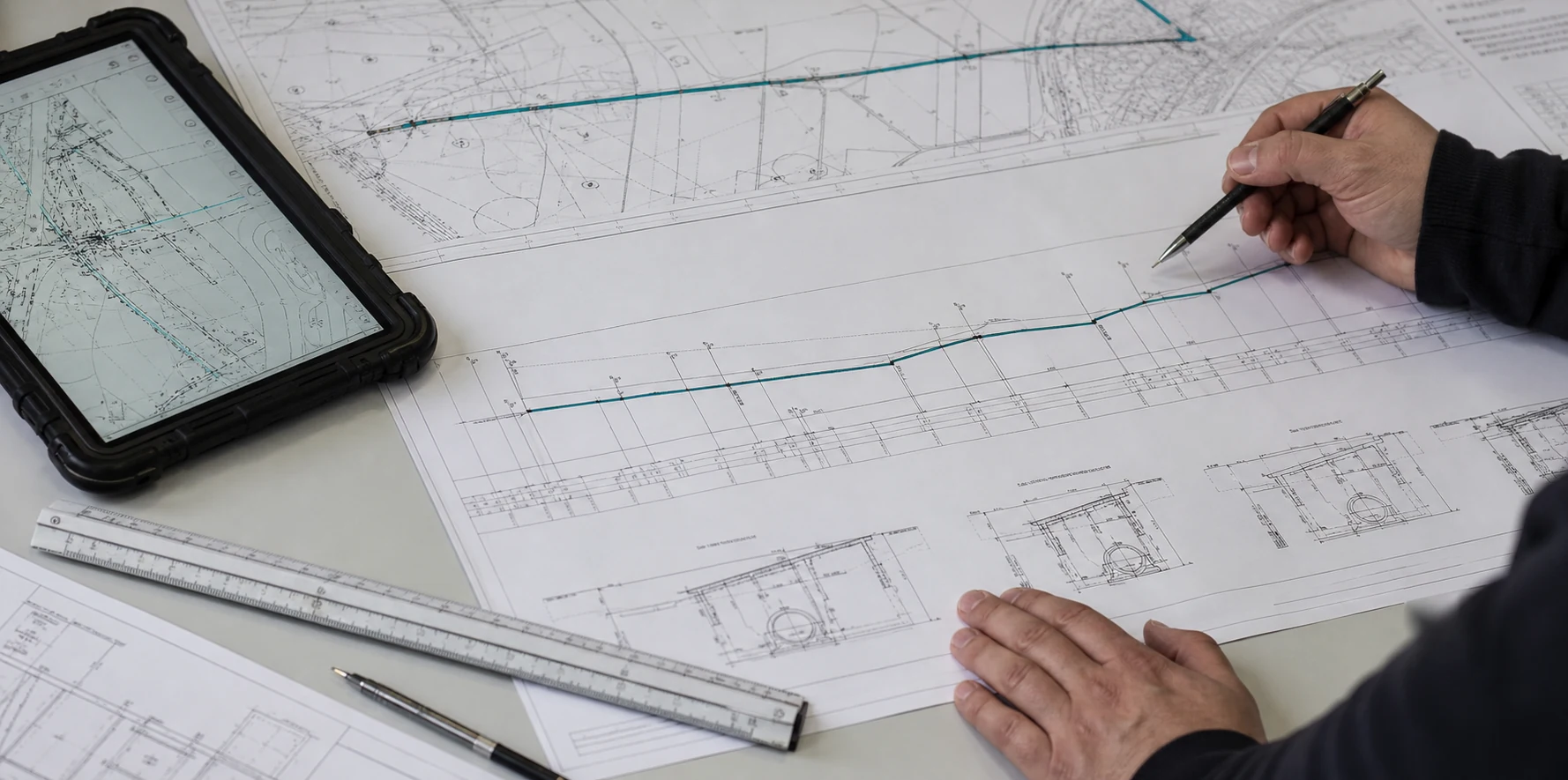 KI-generierte Visualisierung technischer Bestandsunterlagen mit Trassenplan, Höhenprofil und Querschnitten