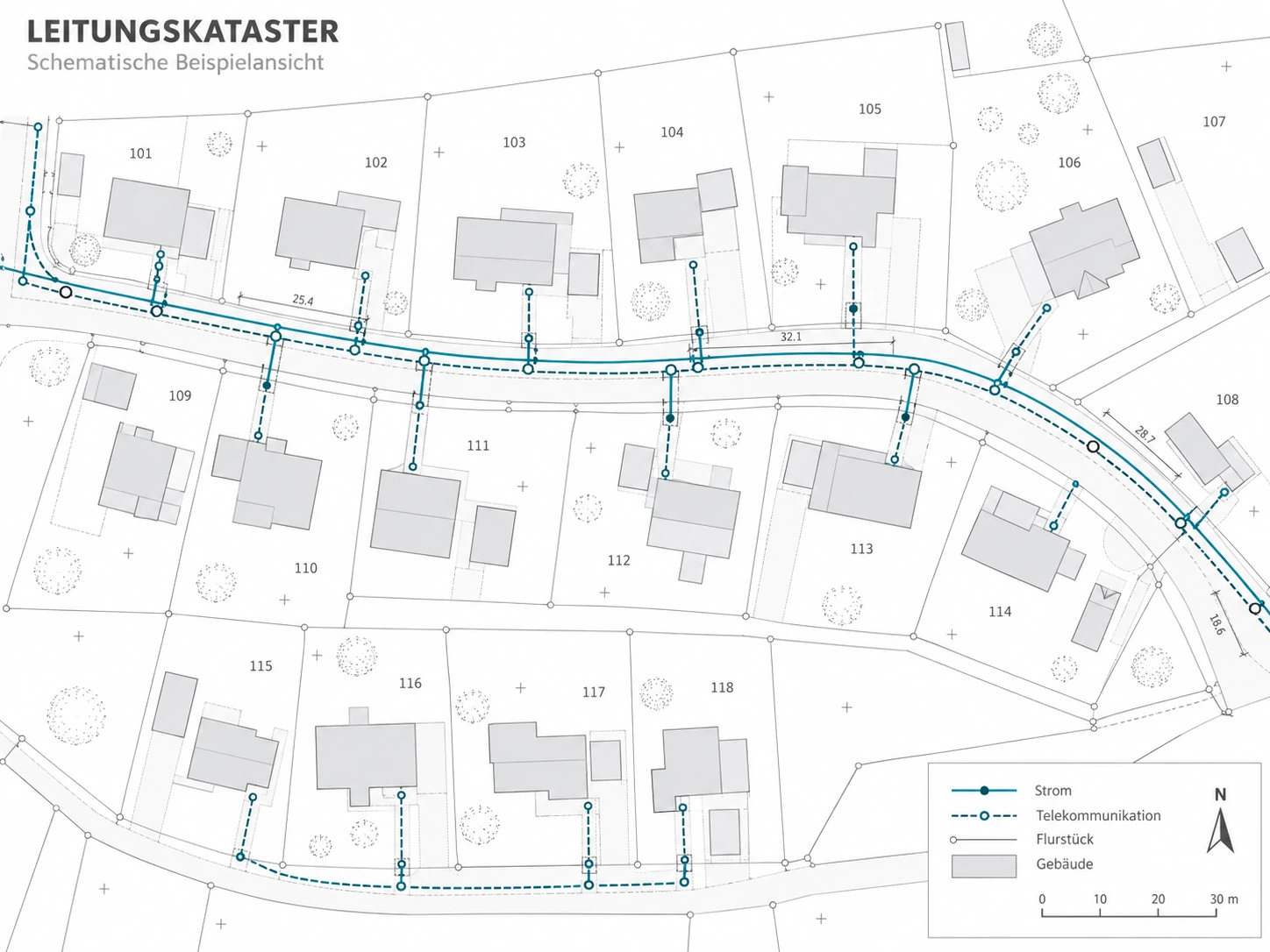 KI-generierter schematischer Leitungskataster mit Flurstücken, Gebäuden sowie Strom- und Telekommunikationsleitungen