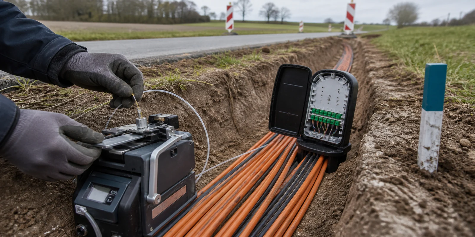 KI-generierte Visualisierung von Glasfaser-Mikrorohren und Spleißtechnik in einer Telekommunikationstrasse